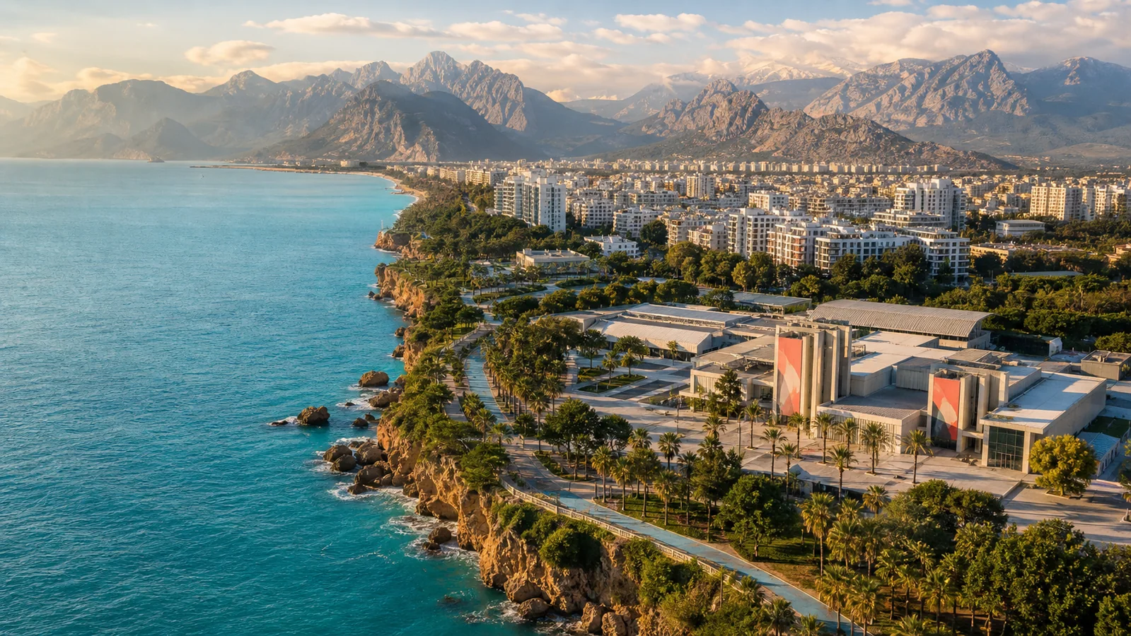 Antalya kıyısı, şehir ve etkinlik alanının havadan görünümü